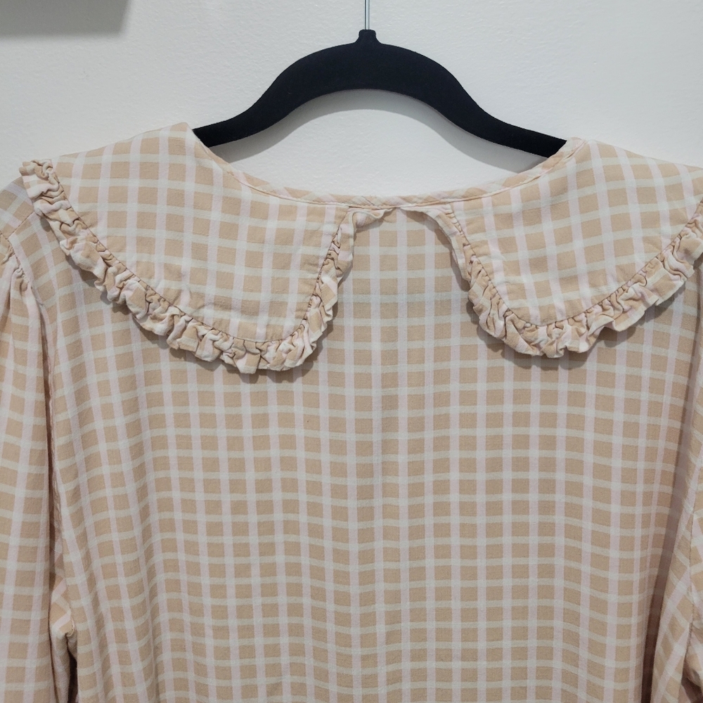CLEO WOMEN PETER PAN COLLAR GINGHAM PULLOVER LONG SLEEVE BLOUSE - Picture 5 of 11